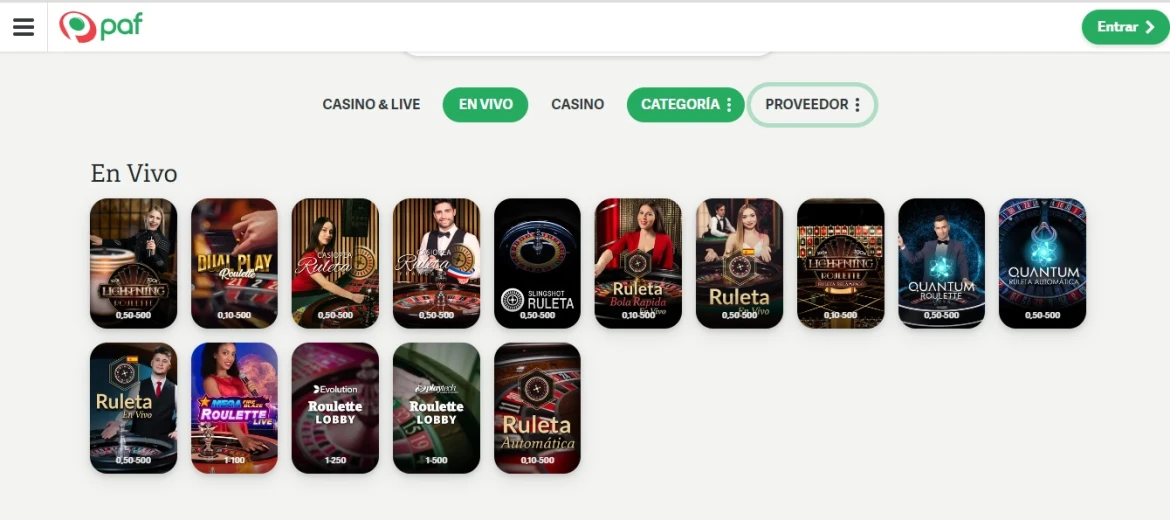 Paf Casino juegos en vivo